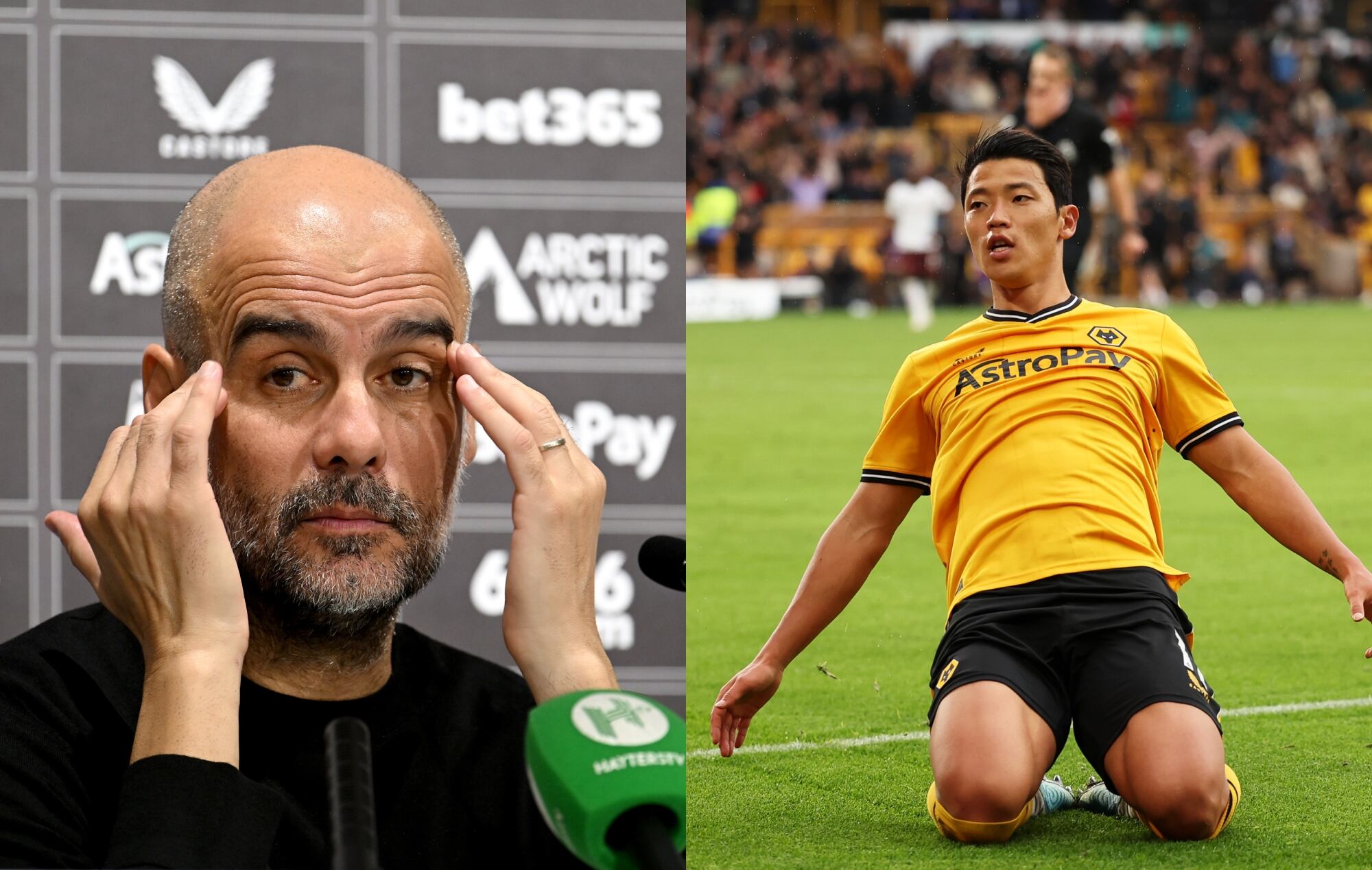 Guardiola en la rueda de prensa posterior al encuentro frente al Wolverhampton, y celebración del gol de Hwang Hee-Chan