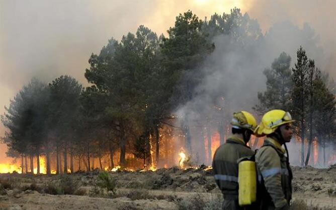 Imagen de las llamas provocadas por el incendio forestal que se encuentra estabilizado en Castrocontrigo (León)