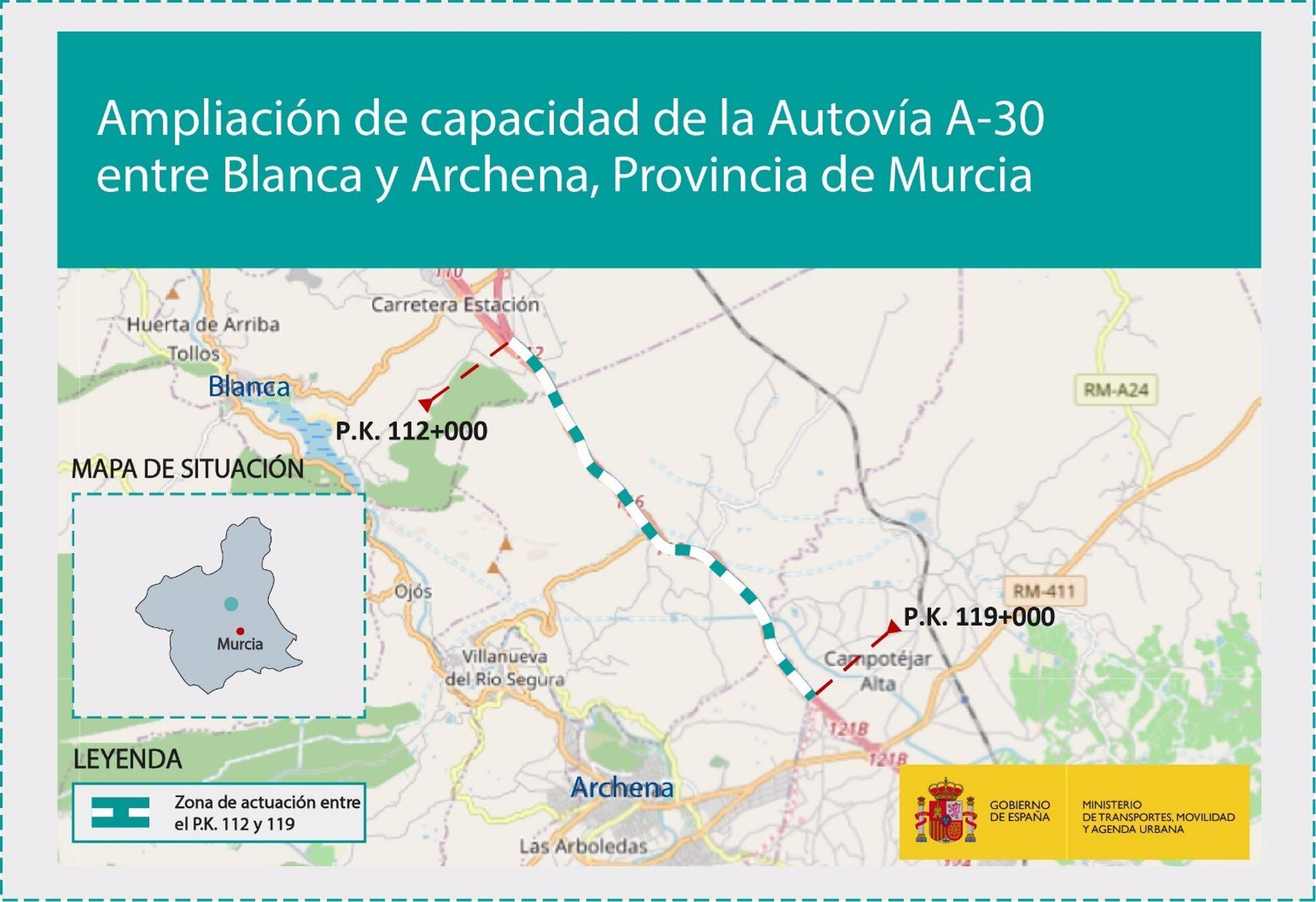 Adjudicada la redacción del proyecto para ampliar la capacidad de la autovía A-30, entre Blanca y Archena.