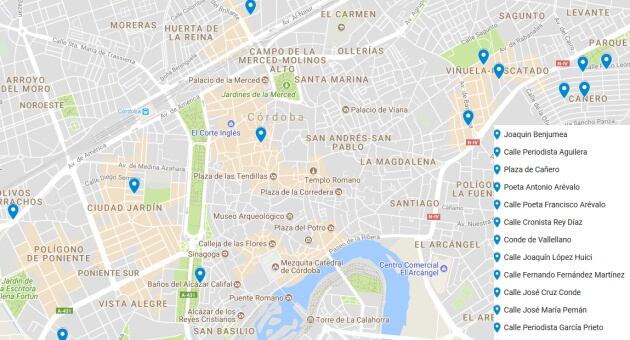 Mapa con las calles incluidas en el dictamen de la Comisión de la Memoria Histórica.