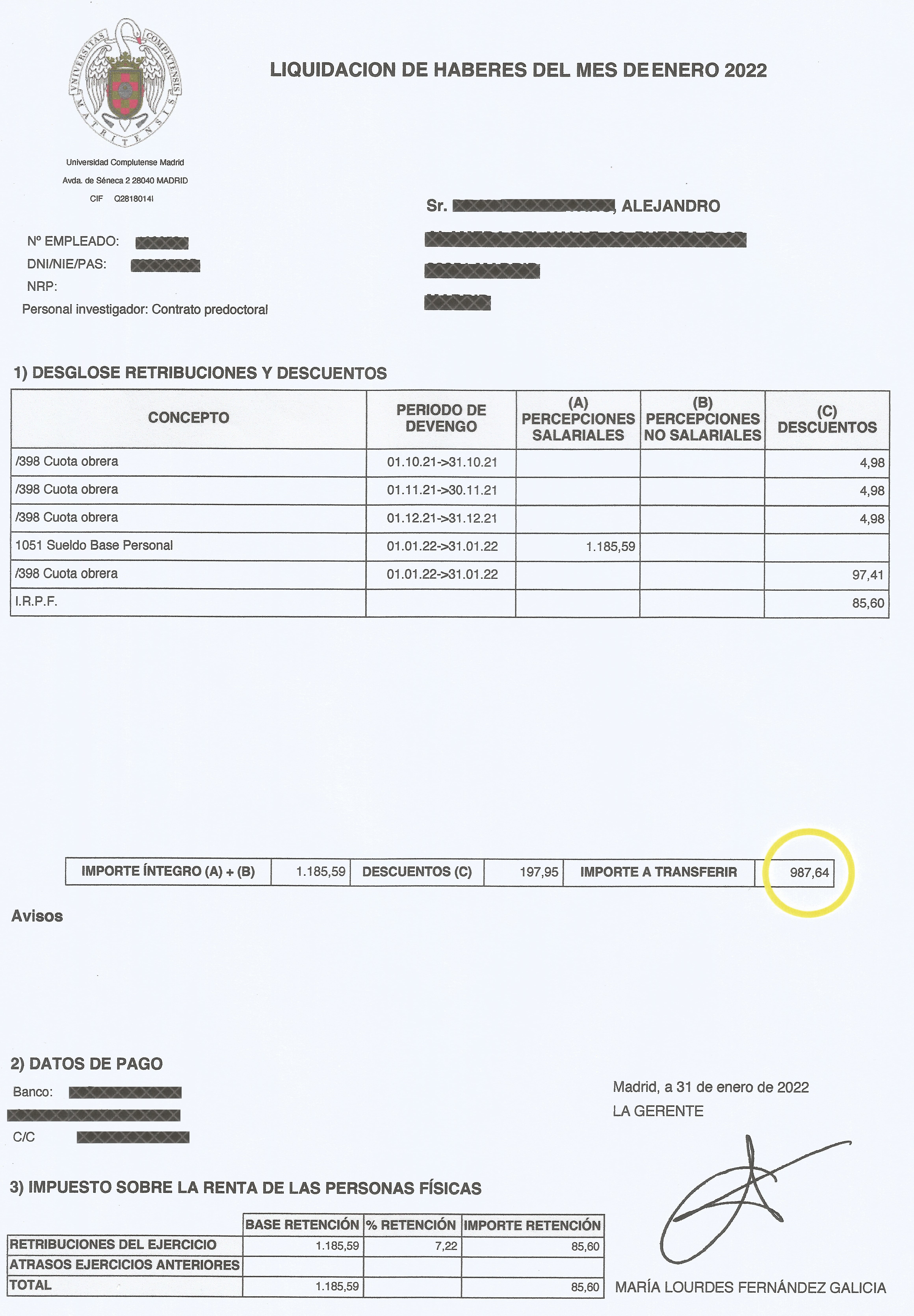 Nómina de Alejandro, investigador predoctoral en la Universidad Complutense de Madrid.