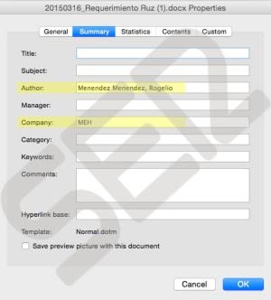 Propiedades del documento Word, donde se pueden identificar el autor y la empresa.