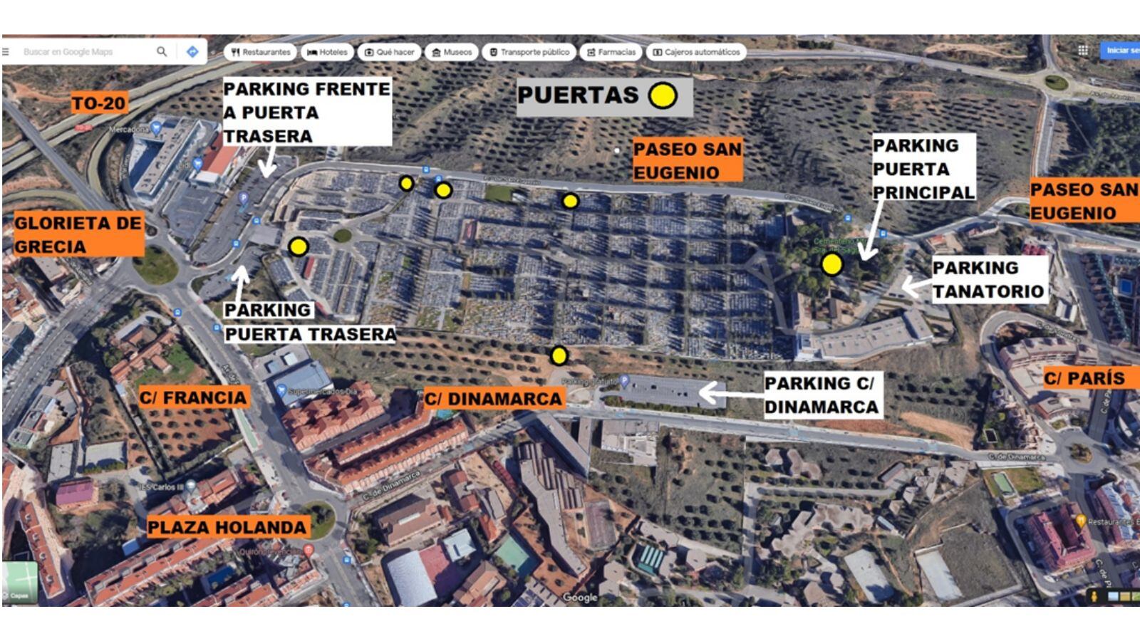 Mapa de los aparcamientos disponibles para acudir al cementerio municipal de Toledo