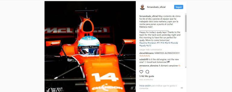 Publicación de Fernando Alonso justo después de conseguir la posición número doce