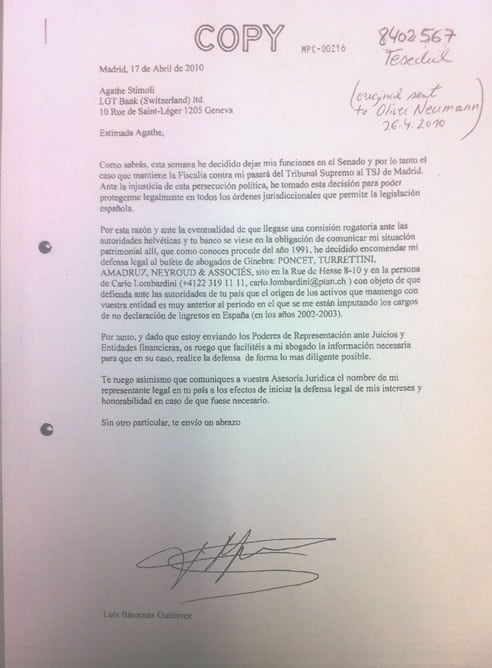 Copia de la carta que Luis Bárcenas envió al banco suizo Dresdner Bank con fecha del 17 de abril de 2010