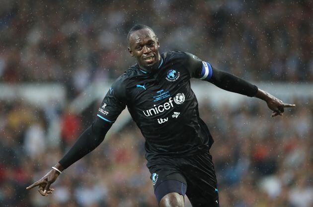 Usain Bolt of the Rest of the World celebrates, but his goal is disallowed during the Soccer Aid for UNICEF 2018 match between England and the Rest of the World at Old Trafford