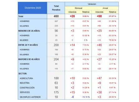 Esta es la tabla de los datos del paro de diciembre 2020.