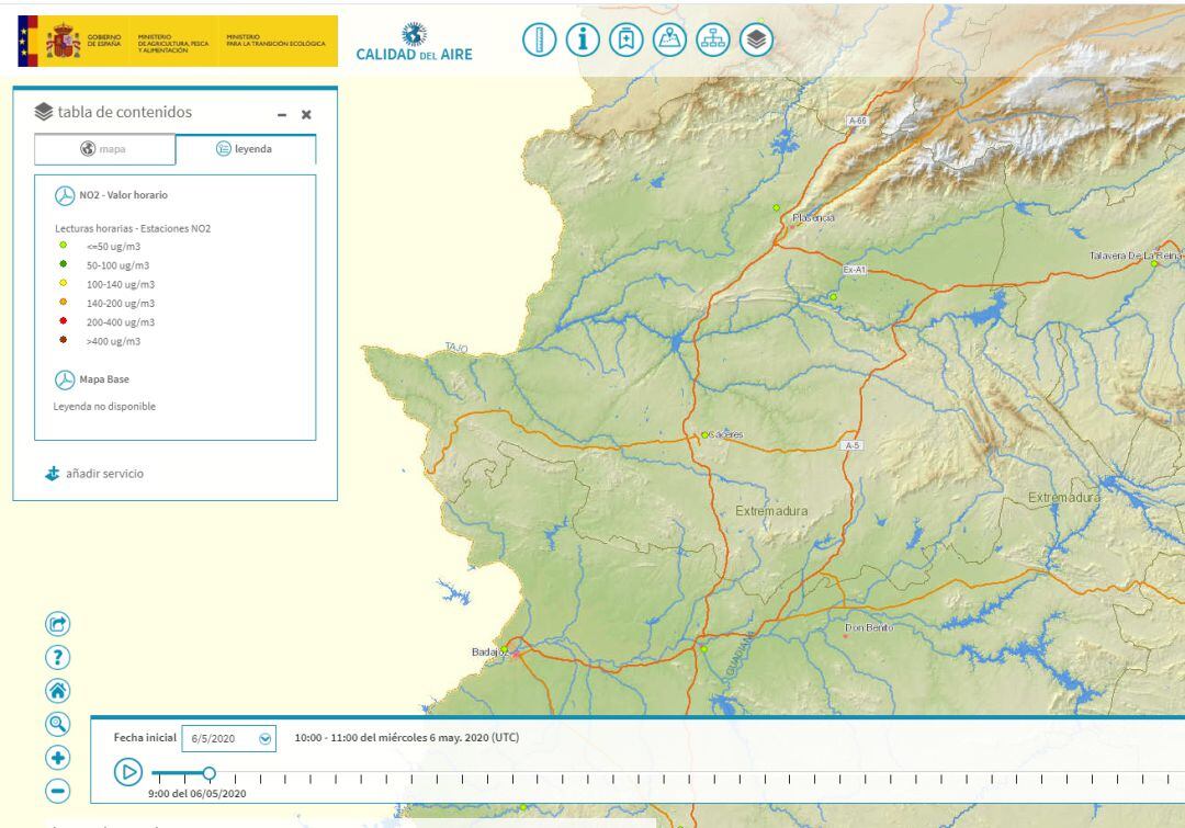 Imagen a tiempo real de la caldidad del aire del ministerio con todas las estaciones extremeñas en verde