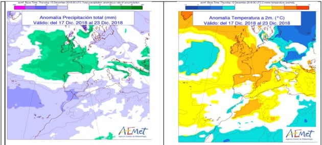 Precipitación y temperatura prevista del 17 al 23 de diciembre.