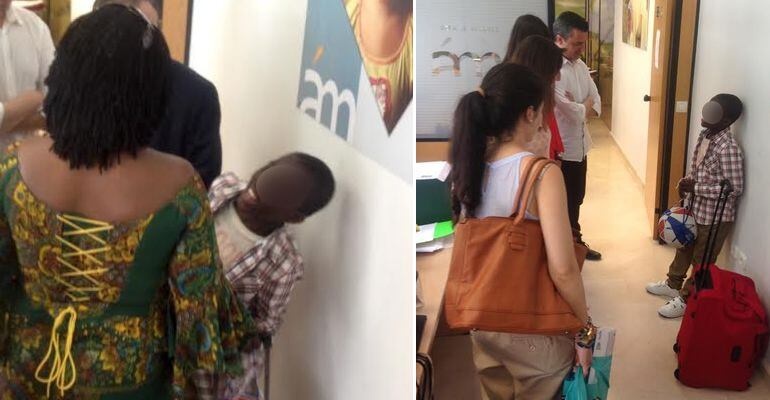 Adou, junto con su madre (izquierda) y despidiéndose de los trabajadores del centro de acogida.