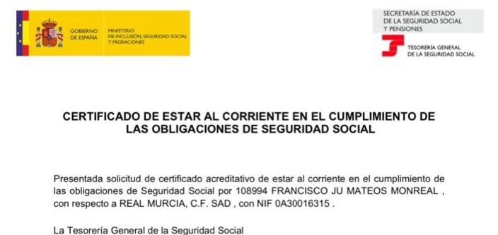 Certificado de la Seguridad Social sobre el Real Murcia