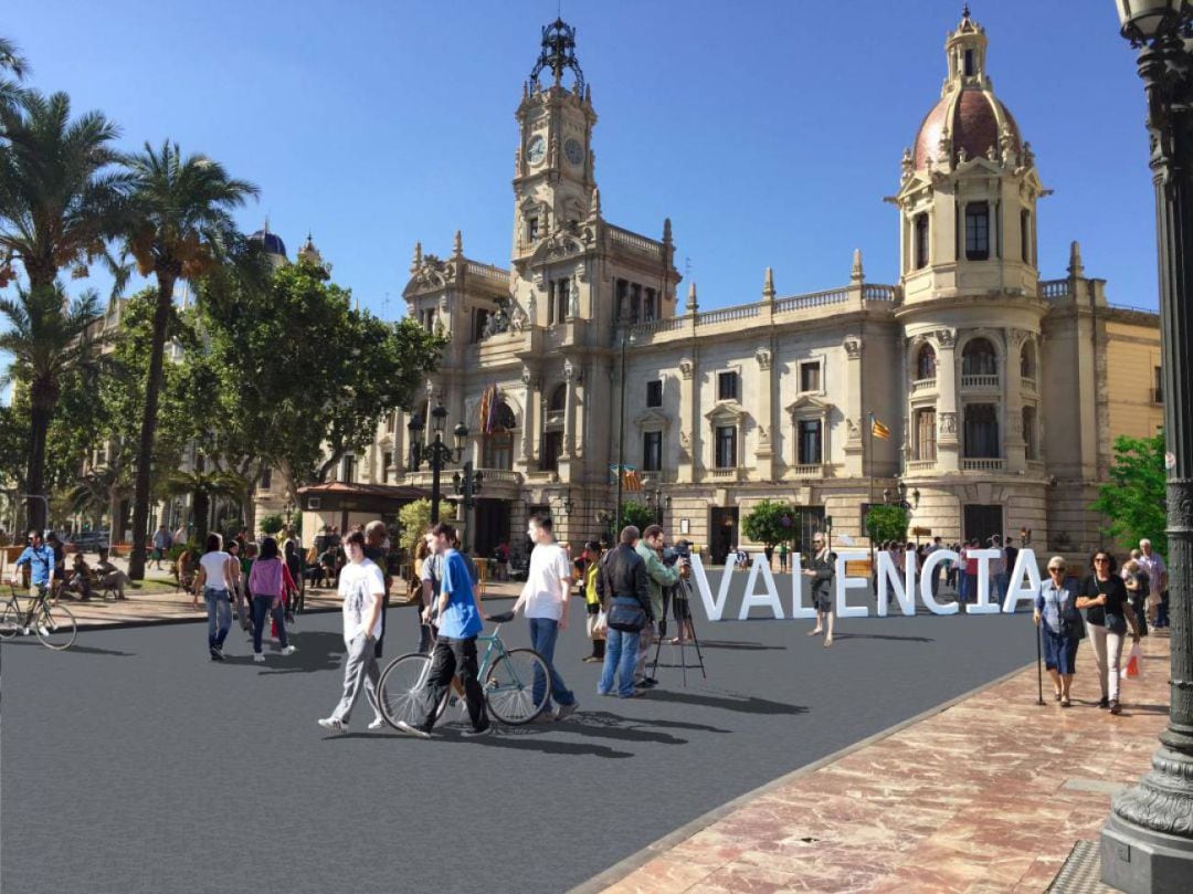 El diseño de la peatonalización &quot;blanda&quot; de la Plaza del Ayuntamiento de València incluye un photocall con las letras que forman el nombre de la ciudad 