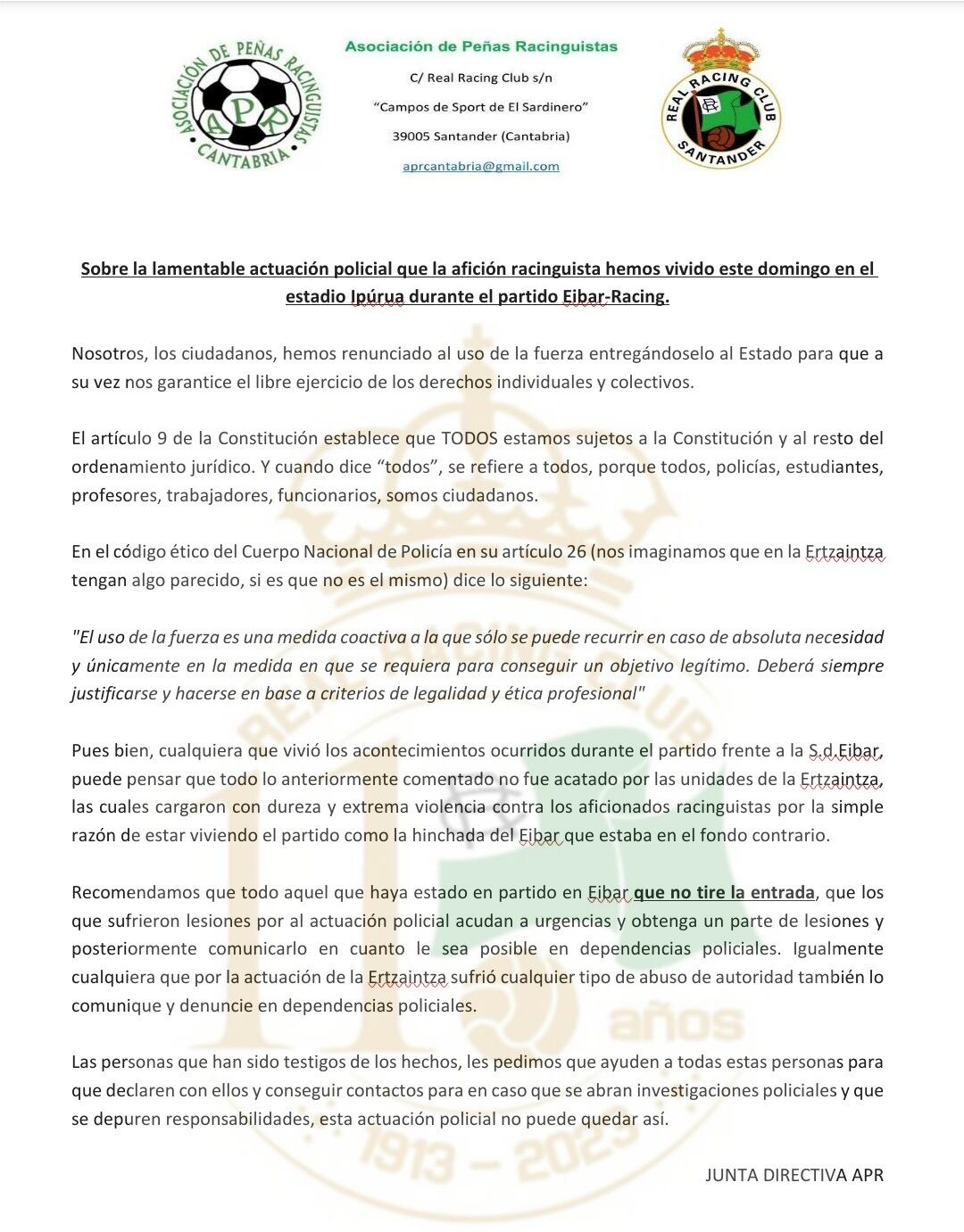 El comunicado de la APR sobre lo sucedido con la Ertzaintza en Ipurúa