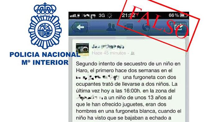 La Policía avisa de  la existencia de bulos o &#039;ciberleyendas&#039; que se propagan y viralizan por las redes sociales y grupos de mensajería instantánea, como el secuestro de niños, calcomanías impregnadas de LSD, alertas de bombas en medios de transporte o ce