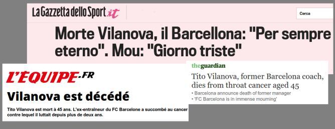 La premsa internacional recull la notícia de la mort de Tito Vilanova de manera destacada