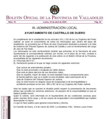 Documento oficial del BOP sobre la solicitud de Juez de Paz en Castrillo de Duero.