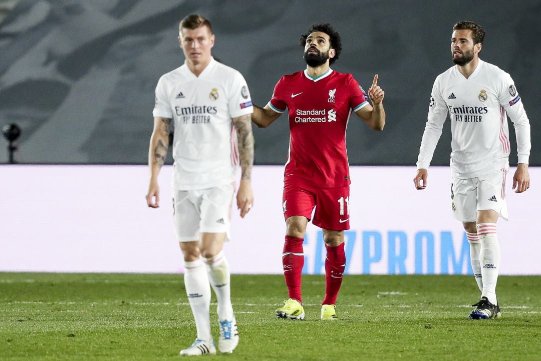 Salah celebrando su tanto ante el Real Madrid en cuartos de final de Champions.