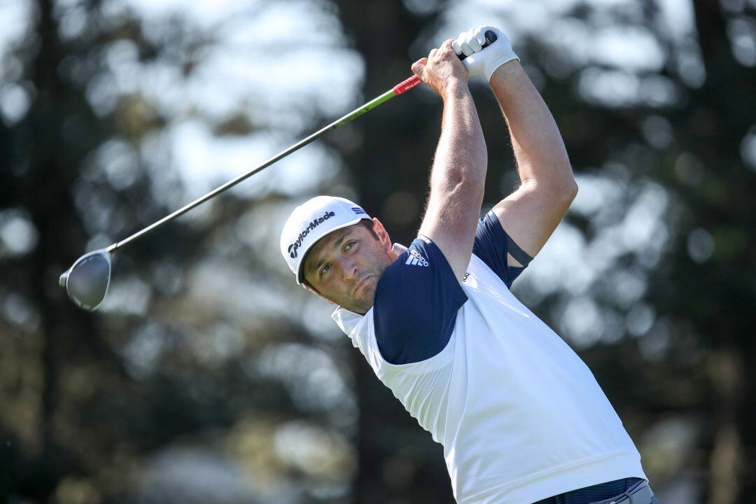  Jon Rahm of Spain plays his shot from the 14th tee during the second round of the 2020 PGA Championship at TPC Harding Park on August 07, 2020 in San Francisco, California. Photo by Christian Petersen PGA of America via Getty Images