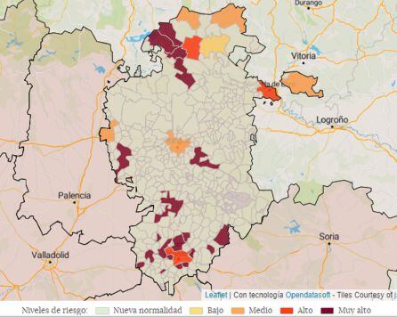 Mapa de municipios burgaleses en los que se han detectado nuevos casos en la última semana