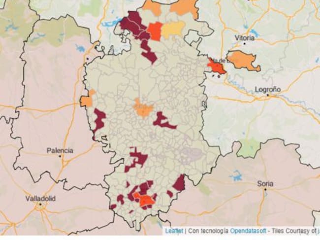 Mapa de municipios burgaleses en los que se han detectado nuevos casos en la última semana