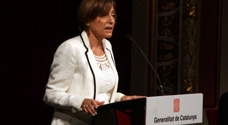 La Presidenta del Parlament, Carme Forcadell, durant la conferència que ha tingut lloc al Teatre Bartrina de Reus. 