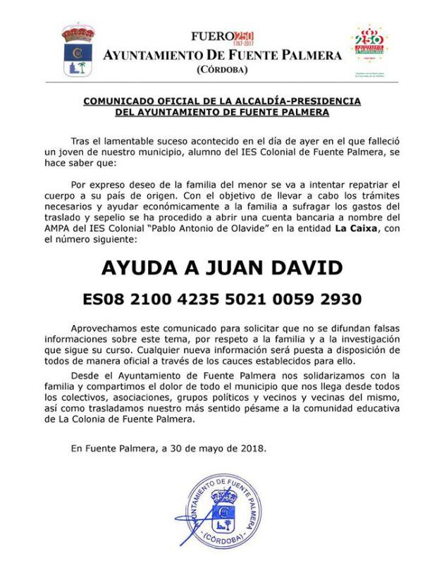 Comunicado del Ayuntamiento de Fuente Palmera.