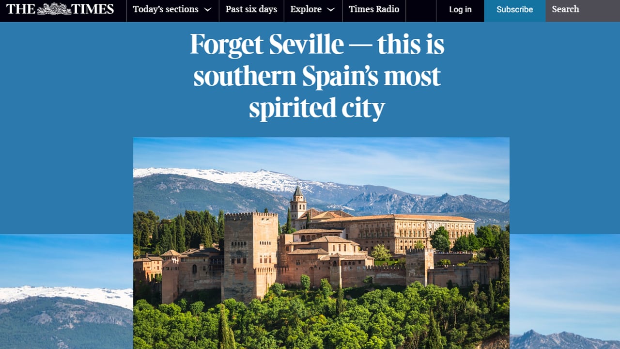 Portada del reportaje dedicado por la web del periódico británico The Times dedicado a la ciudad de Granada