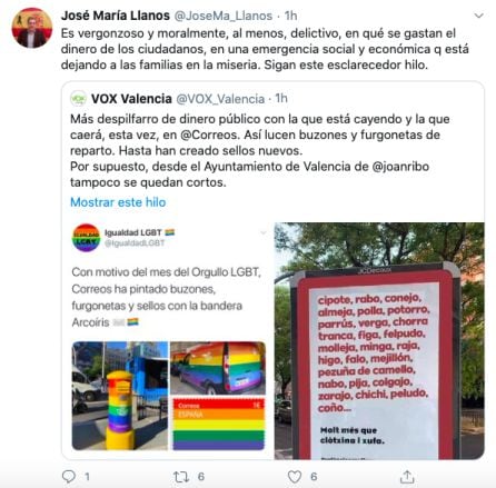 Tuit del presidente provincial de Vox Valencia, José María Llanos, en el que ha difundido el bulo sobre la campaña LGTB de Vox.