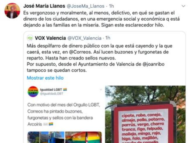 Tuit del presidente provincial de Vox Valencia, José María Llanos, en el que ha difundido el bulo sobre la campaña LGTB de Vox.