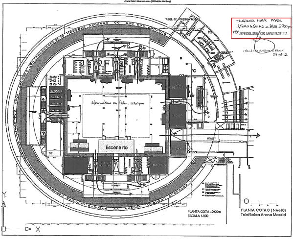 Plano que figura en el contrato que firmó el Ayuntamiento de Madrid con la empresa Diviertt en el que se detalla el aforo máximo permitido de la pista del Madrid Arena: 3.700 personas