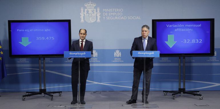 Los secretarios de Estado de Empleo y de Seguridad Social, este viernes en la presentación de los datos de paro registrado de noviembre.
