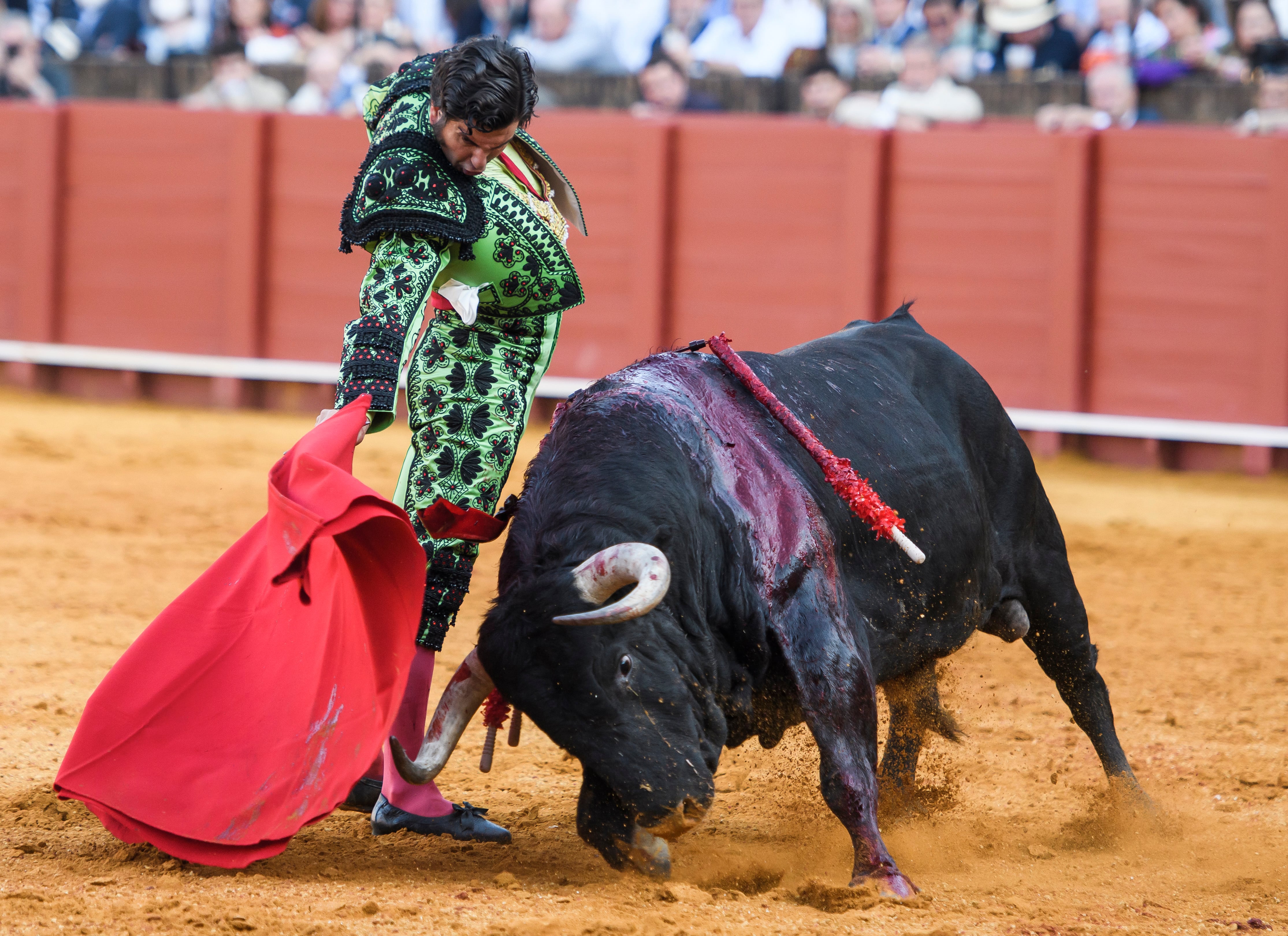 SEVILLA, 07/05/2022.- El diestro Morante de la Puebla con su segundo, al que cortó dos orejas, durante el decimotercer festejo de abono de la Feria de Abril celebrado hoy sábado en la Real Maestranza de Sevilla. EFE/Raúl Caro
