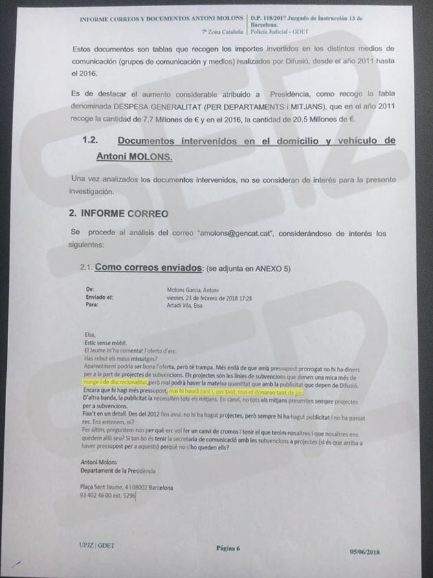 El correo que envió Antoni Molons a la actual consejera de Presidencia, Elsa Artadi (pulsa sobre la imagen para ampliar)