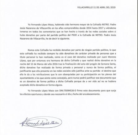 El hermano mayor cuando se realizó la donación lanzó un comunicado, escrito que es compartido por la cofradía añadiendo la siguiente “nota de agradecimiento:”  “Por medio de la presente, quiero manifestar mi más sincera gratitud a Doña Juana Moreno López por el donativo, que a título particular, realizó en abril de 2016; lo que demuestra su sentida fe cristiana y profunda devoción a Jesús Nazareno.”  “¡MUCHAS GRACIAS!”  “Fdo.: Miguel Moya Marín. Actual Hermano Mayor.”