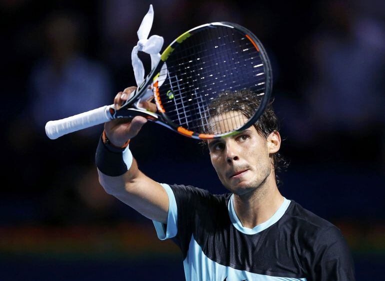 Rafael Nadal of Spain reacts after winning his match against Bulgaria&#039;s Grigor Dimitrov at the Swiss Indoors ATP men&#039;s tennis tournament in Basel, Switzerland October 28, 2015.   REUTERS/Arnd Wiegmann