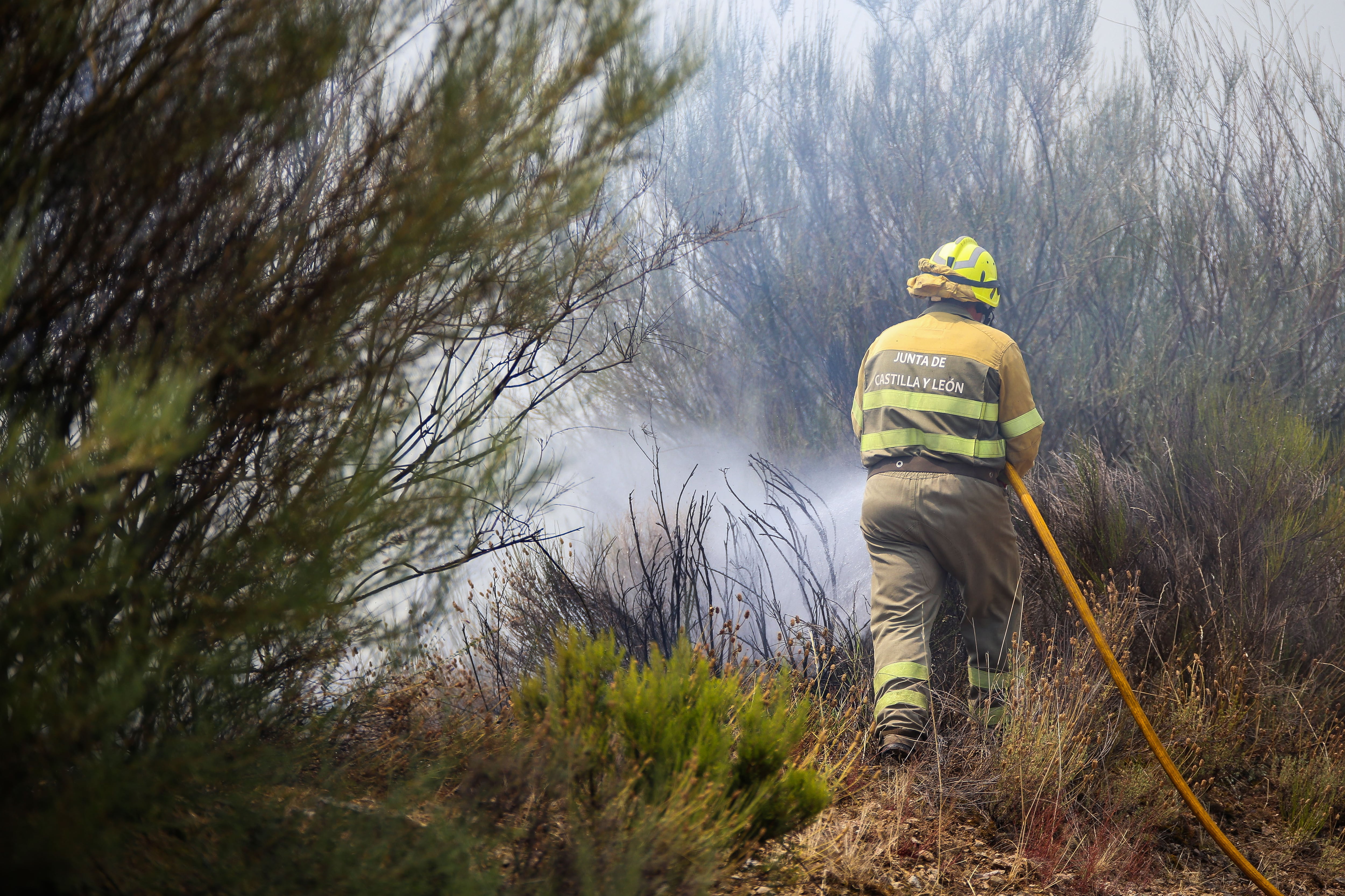 FIGUERUELA DE ARRIBA (ZAMORA), 15/07/2022.- Un bombero trabaja en las labores de extinción del incendio forestal declarado este viernes de madrugada en Figueruela de Arriba (Zamora). Las llamas han obligado a desalojar la localidad de Villarino de Manzanas, fronteriza con Portugal.EFE/Mariam A. Montesinos
