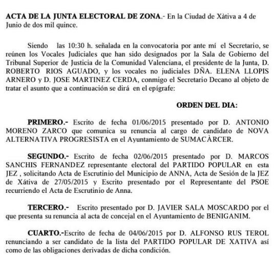 En el orden del día, el escrito de renuncia de Alfonso Rus