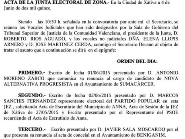 En el orden del día, el escrito de renuncia de Alfonso Rus