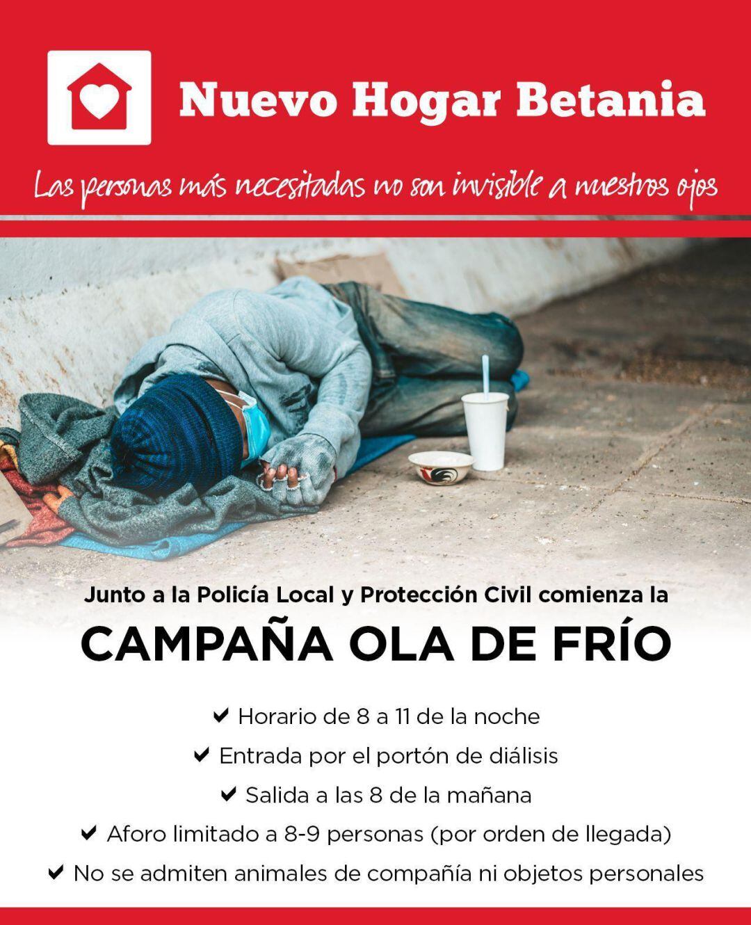 Cartel de la campaña &quot;Ola de frío&quot; de Nuevo Hogar Betania.