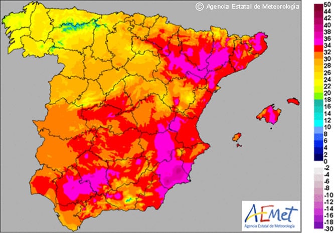 Mapa que muestra las temperaturas méximas que se registrarán hoy en España