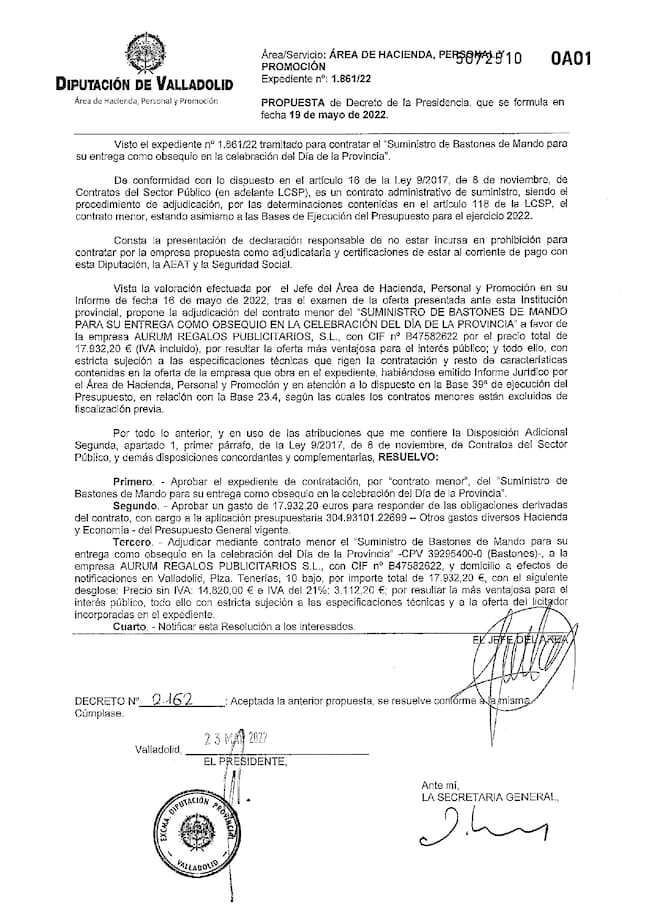 Decreto de la Diputación de Valladolid que aprueba el gasto de 18.000 euros en bastones de mando ornamentales