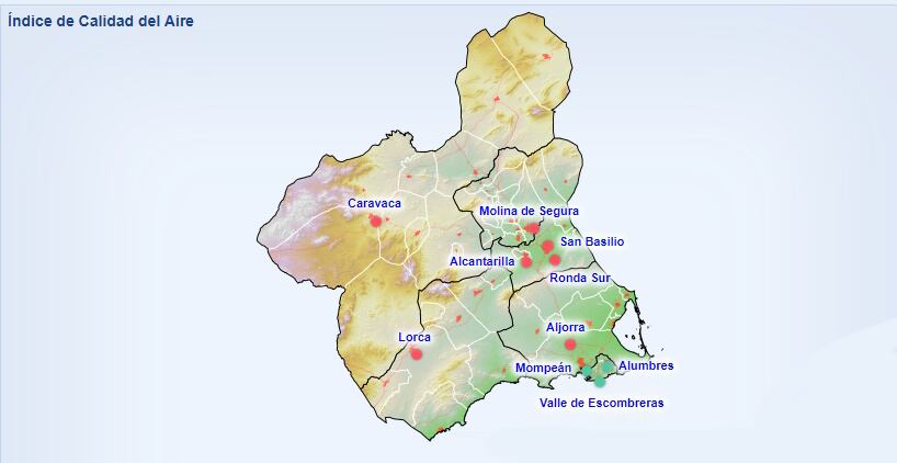 Mapa de calidad del aire en Murcia este domingo, 21 de julio