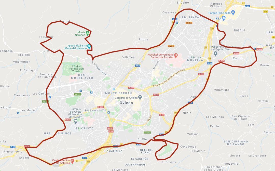Mapa con el cierre perimetral en Oviedo