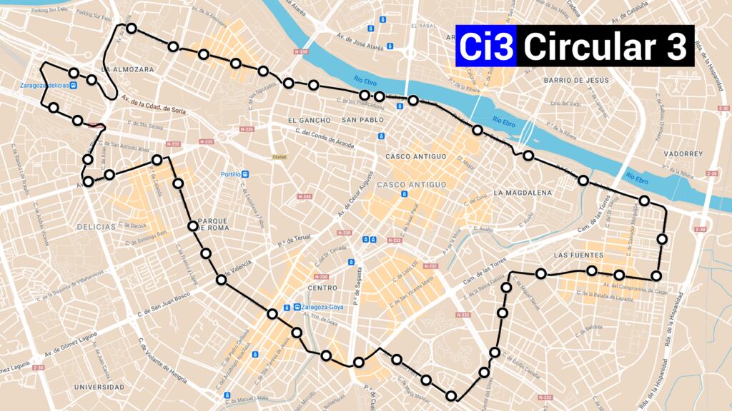 Recorrido de la línea Ci3 de Zaragoza