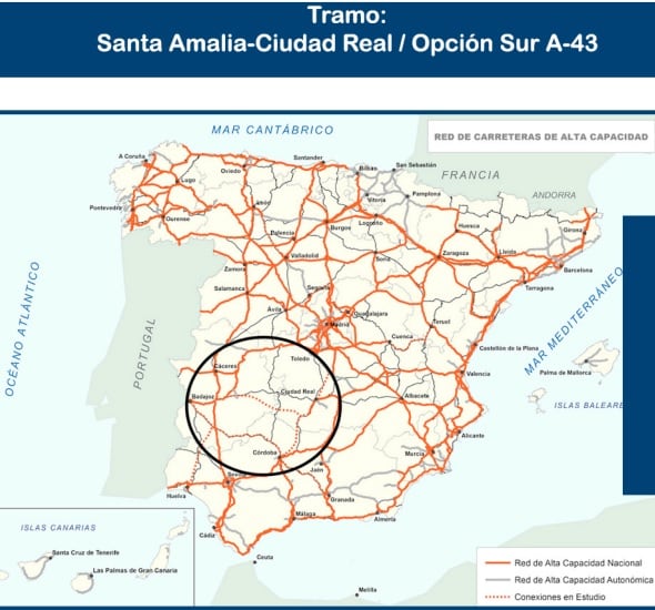 Mapa que dibuja la opción sur que apoya la Junta de Comunidades para la ampliación de la A43