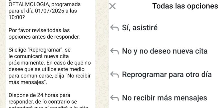 Mensaje que van a recibir los ciudadanos para poder reprogramar su cita, gracias al proyecto TuCita SALUD Foto: DGA