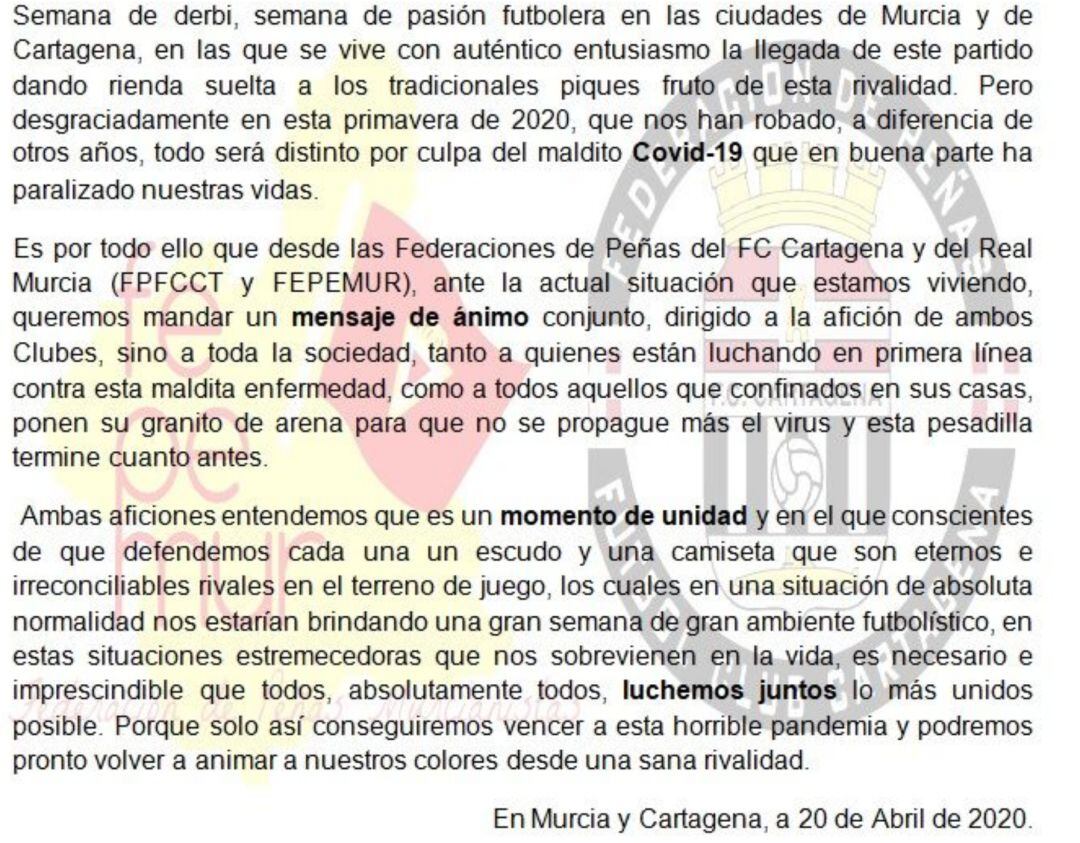 Imagen del comunicado de las federaciones de peñas del FC Cartagena y del Real Murcia