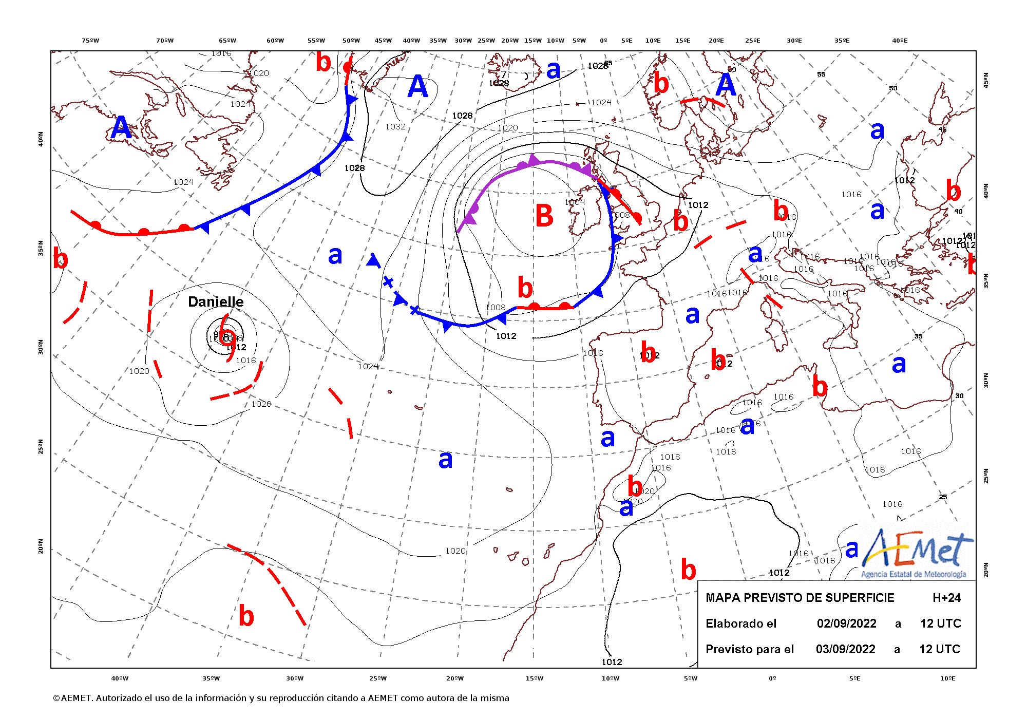 Mapa de isobaras previsto para el 04/09/2022. EFE/Aemet