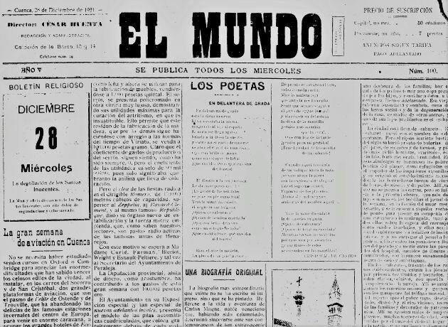 Portada del semanario El Mundo del 28 de diciembre de 1921.