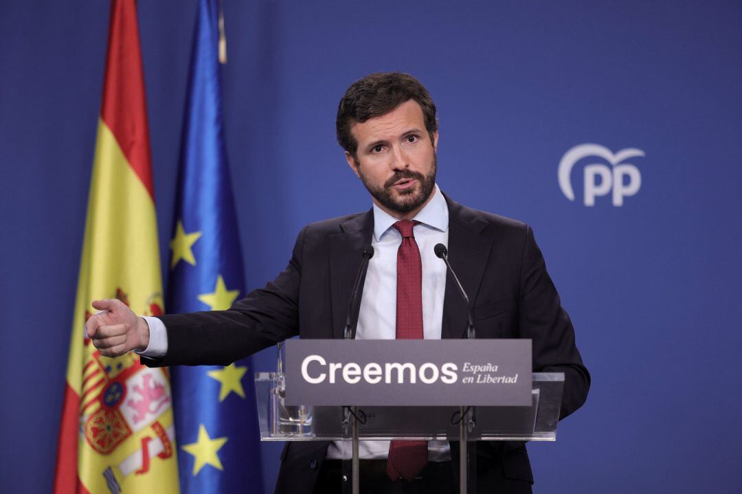 El presidente del PP, Pablo Casado, durante una rueda de prensa en la sede del partido.